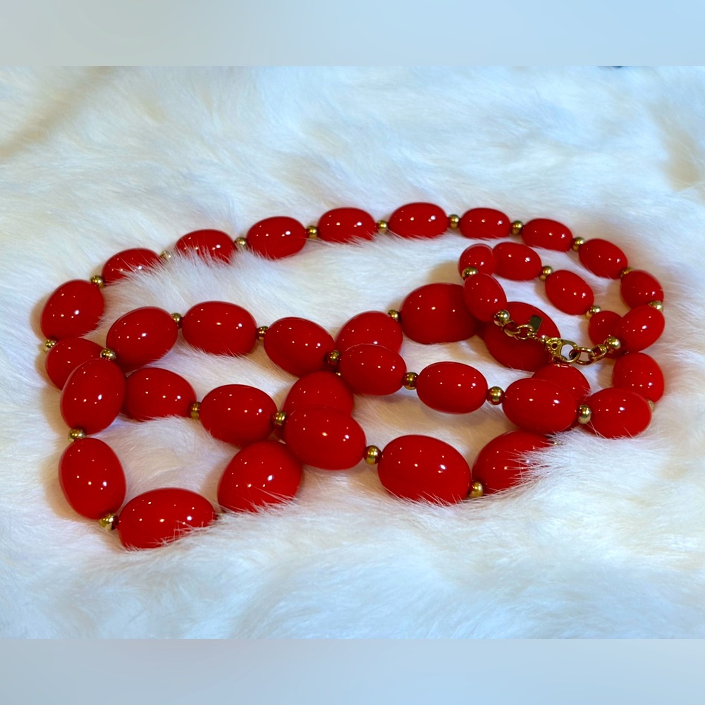 Monet necklace Cherry red beads and gold toned beads. 26 inches long.